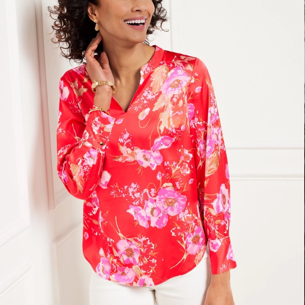 TALBOTS SOFT SATIN CHARMEUSE TOP PETITE CORAL WATERCOLOR FLORAL NWT